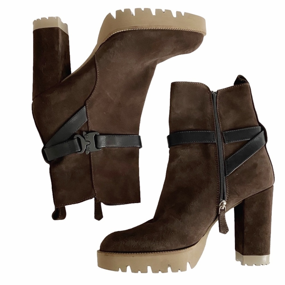 LA CANADIENNE BROWN SUEDE BLACK LEATHER STRAP CHUNKY TAN HEELED BOOTIES - 41 - Picture 2 of 10
